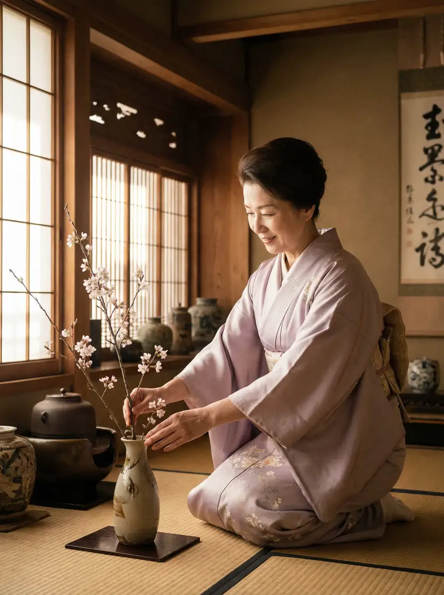 一位优雅的 MGM贵宾会平台 在和室中插花